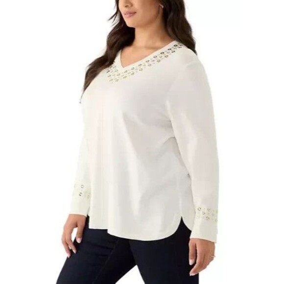 Ruby Rd. Women's Plus Size Grommet Embellished Fine Gauge Sweater Ivory Gold 3X - Picture 2 of 6